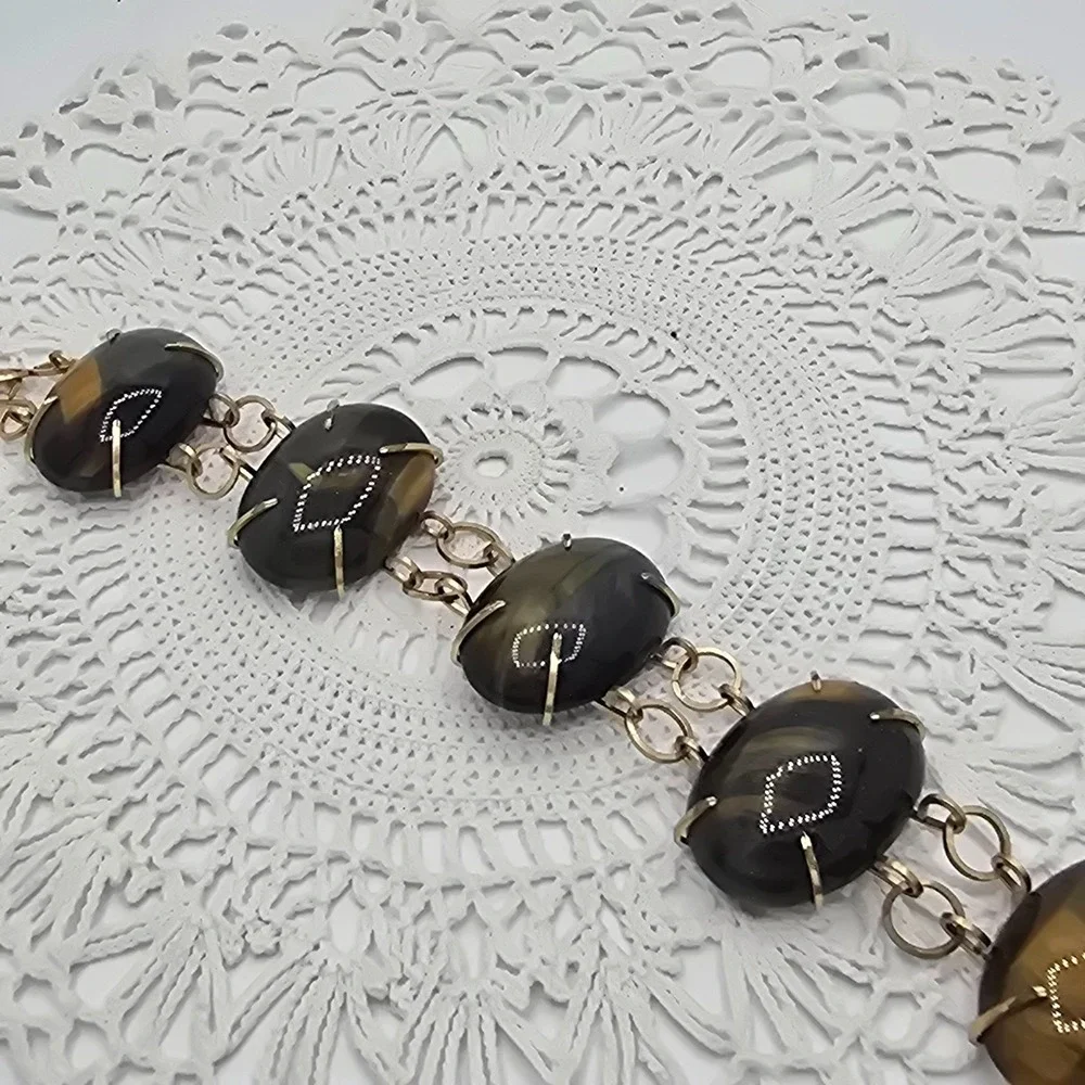 Vintage Tigers Eye Bracelet Stone Gold Tone 7 Inches MCM